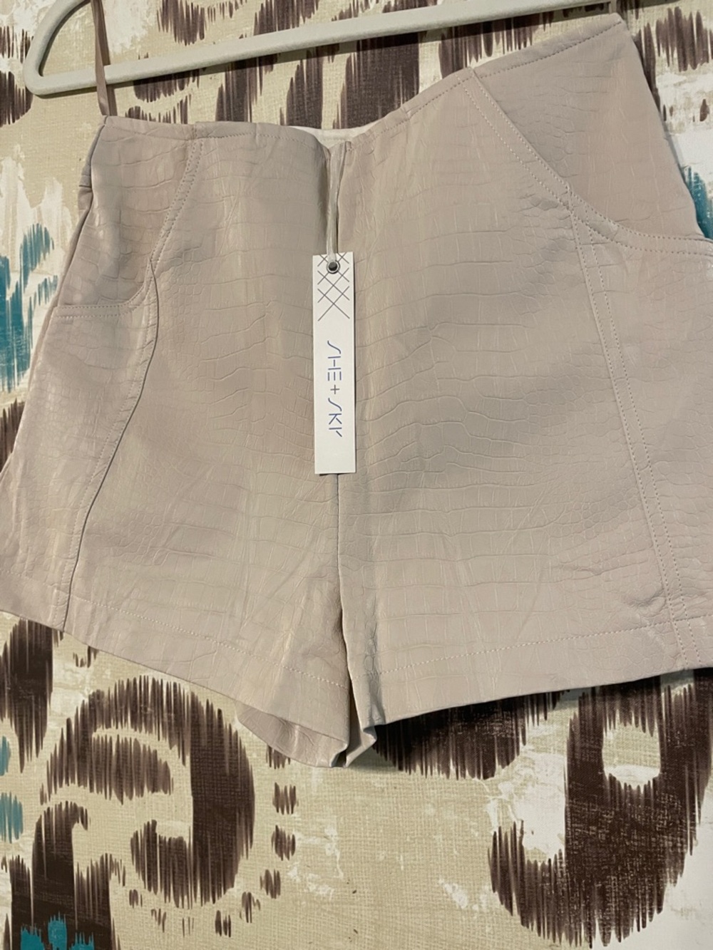 She + Sky Croc-Embossed High Waist Faux Leather Cream Shorts